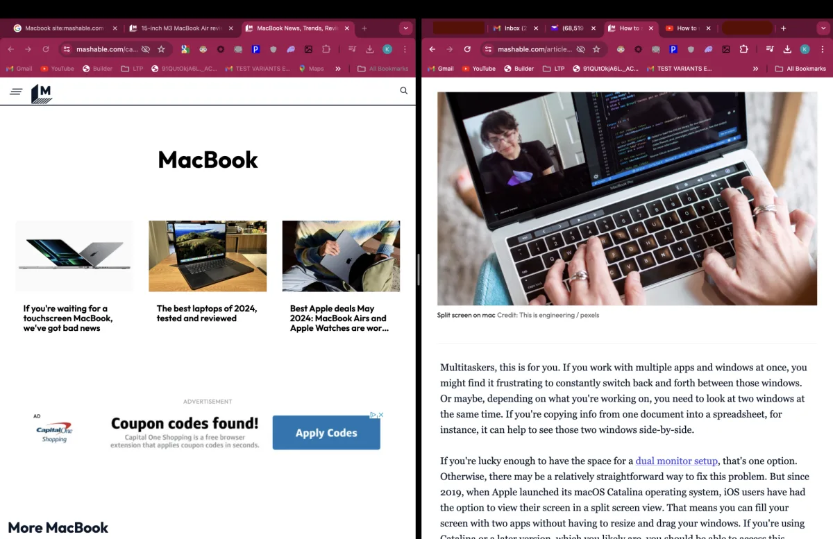 A Mac displaying an organized workspace with split screen applications.