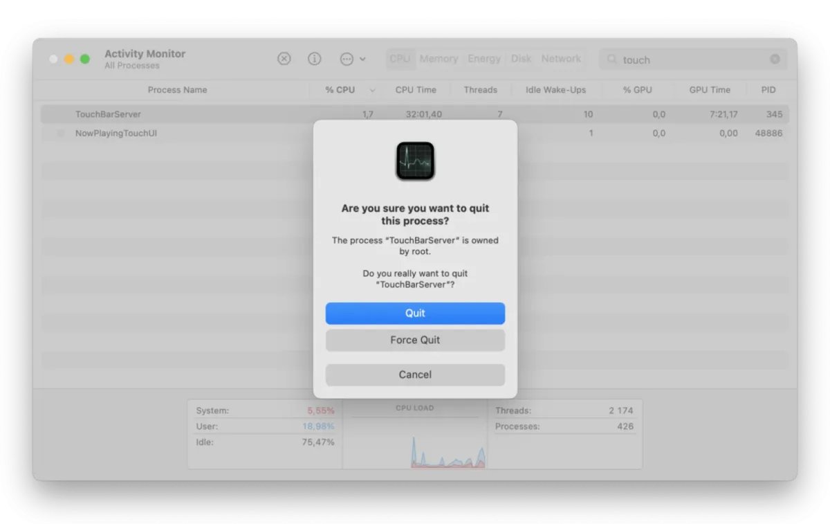 activity monitor quit touchbar