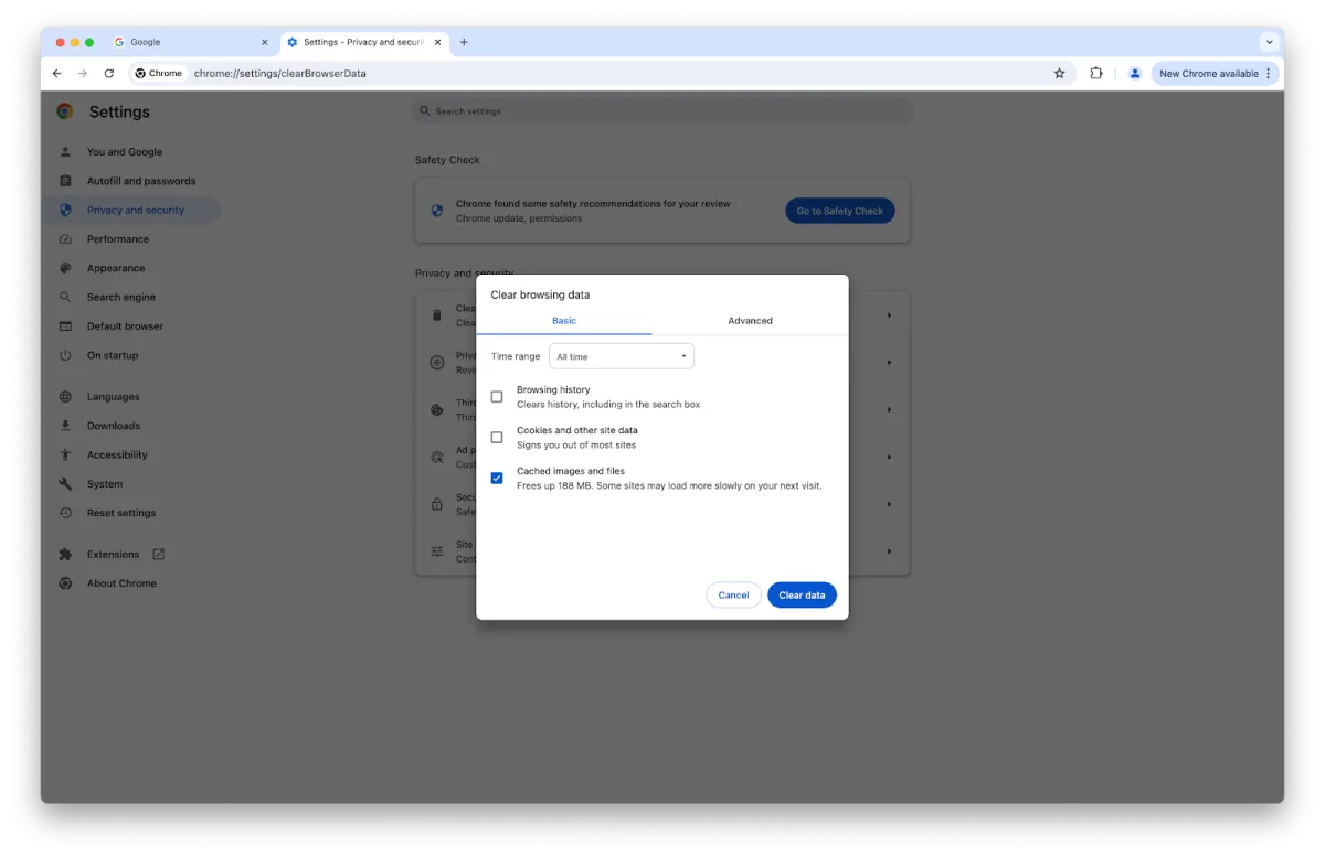 Chrome browser settings on Mac with Clear cached images and files option