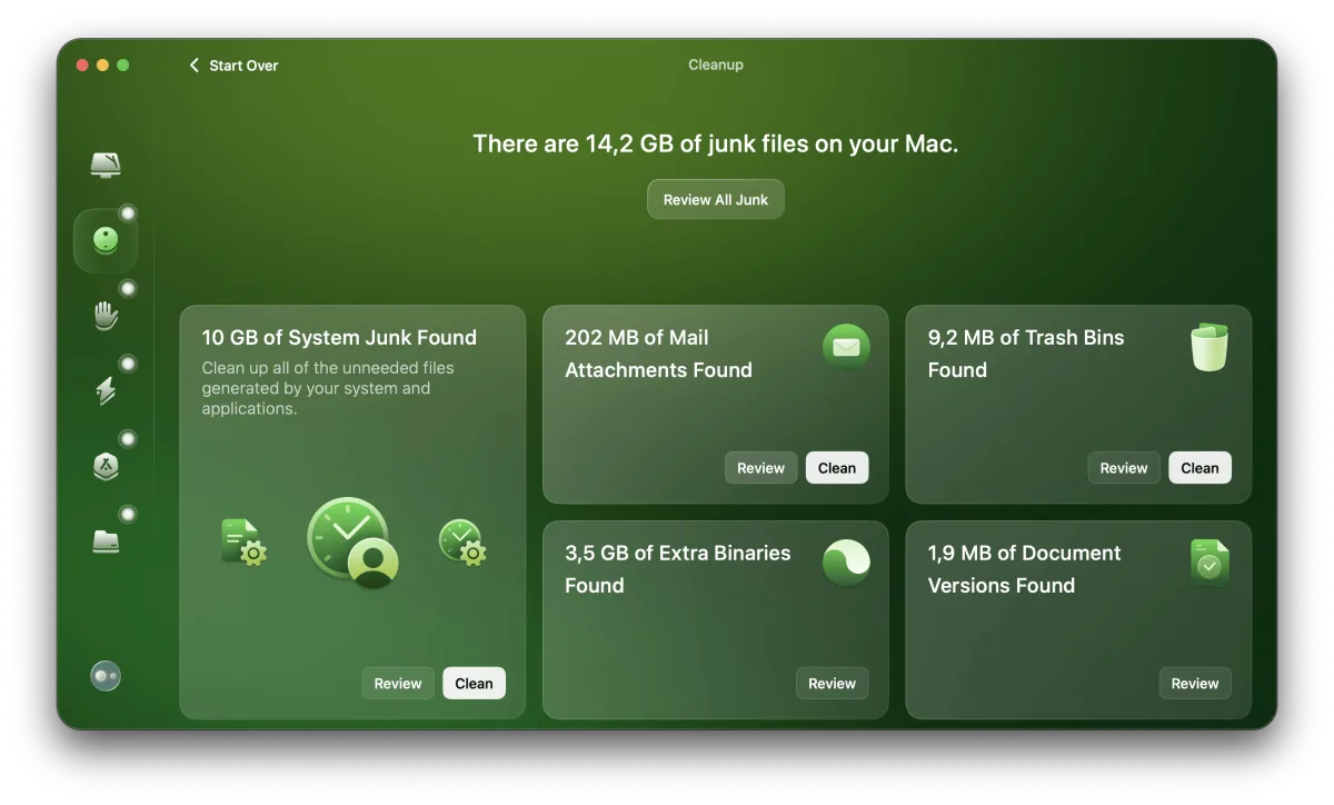 CleanMyMac X junk files cleanup overview showing scan results and removable data