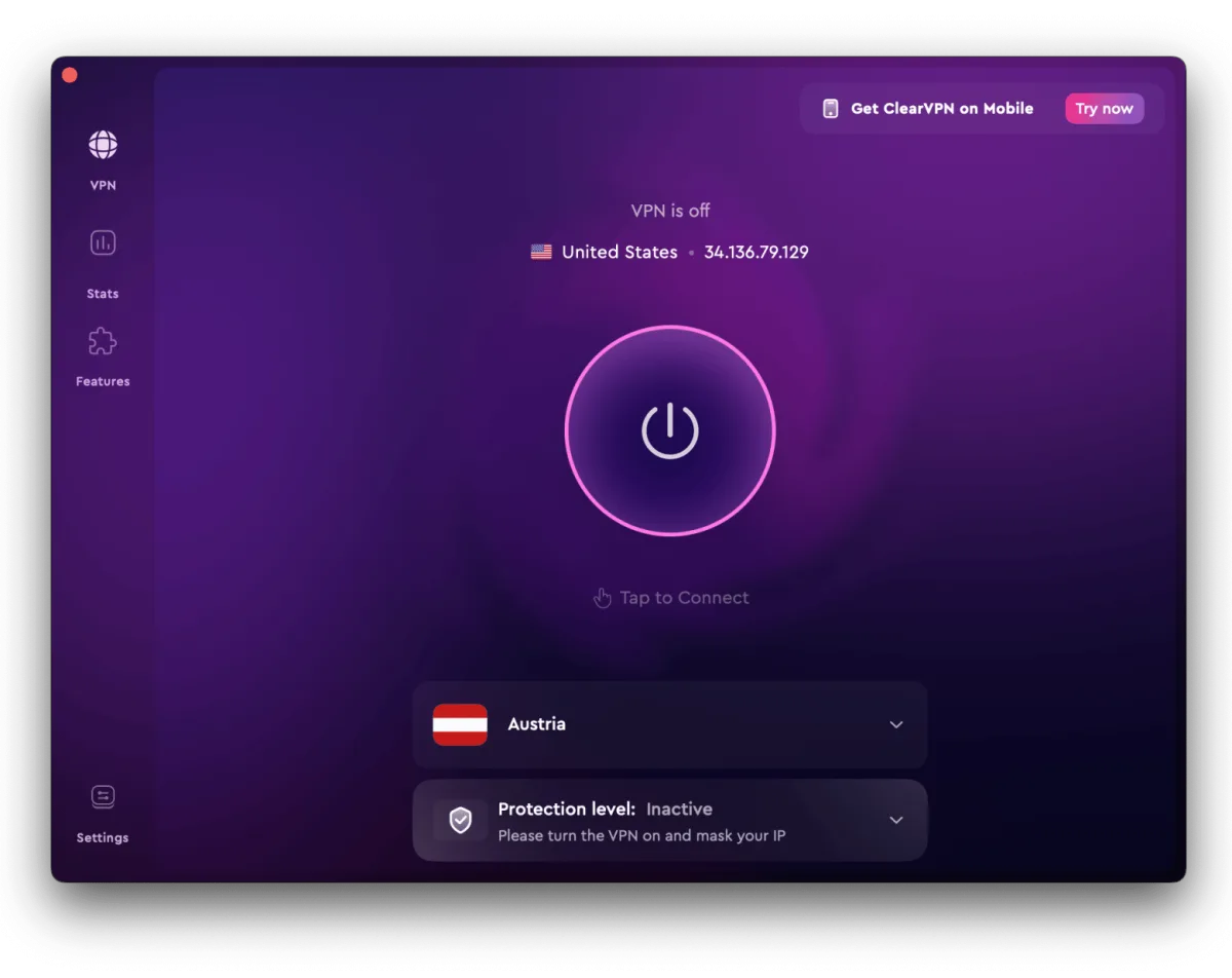 ClearVPN app on Mac showing VPN disconnected state and server selection