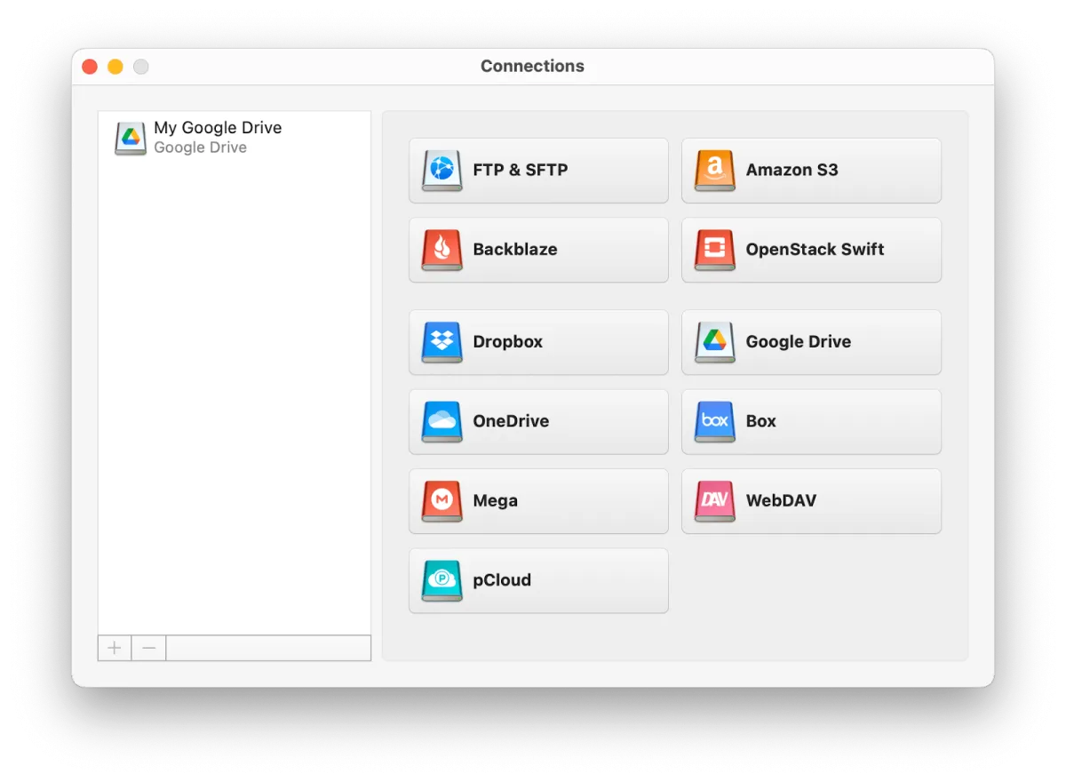 CloudMounter new connections window listing cloud storage services like Google Drive