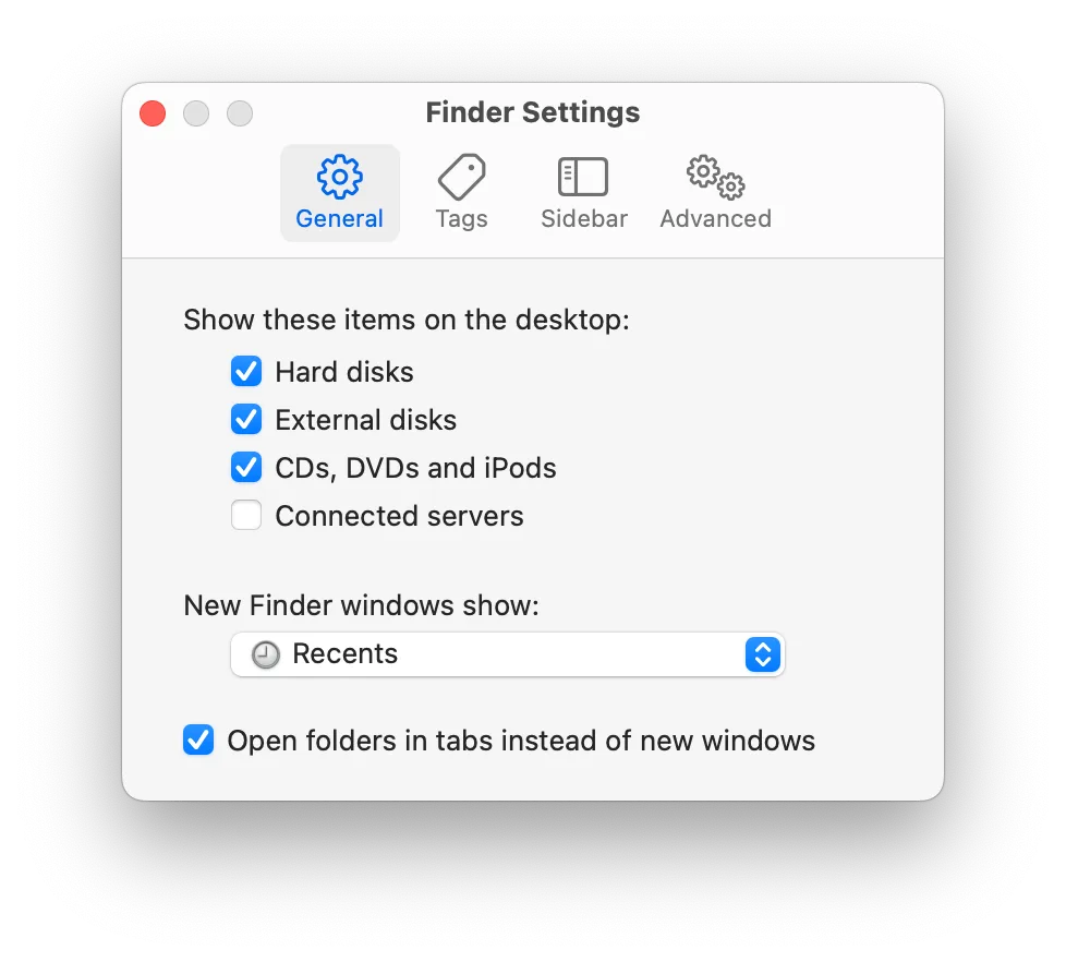 Finder Settings General tab with options to show hard disks and external drives