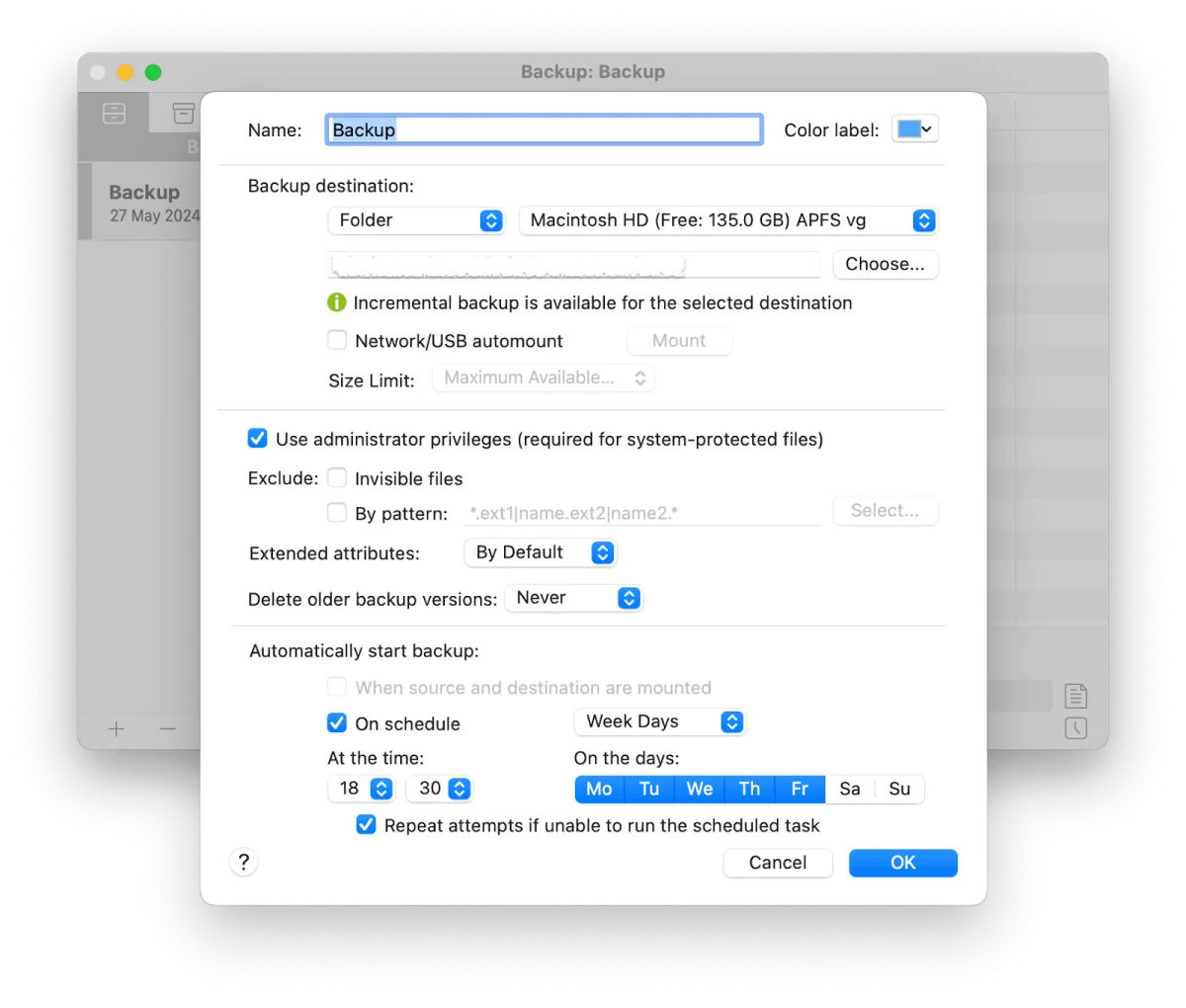 Get Backup Pro scheduling settings panel with backup frequency and destination options