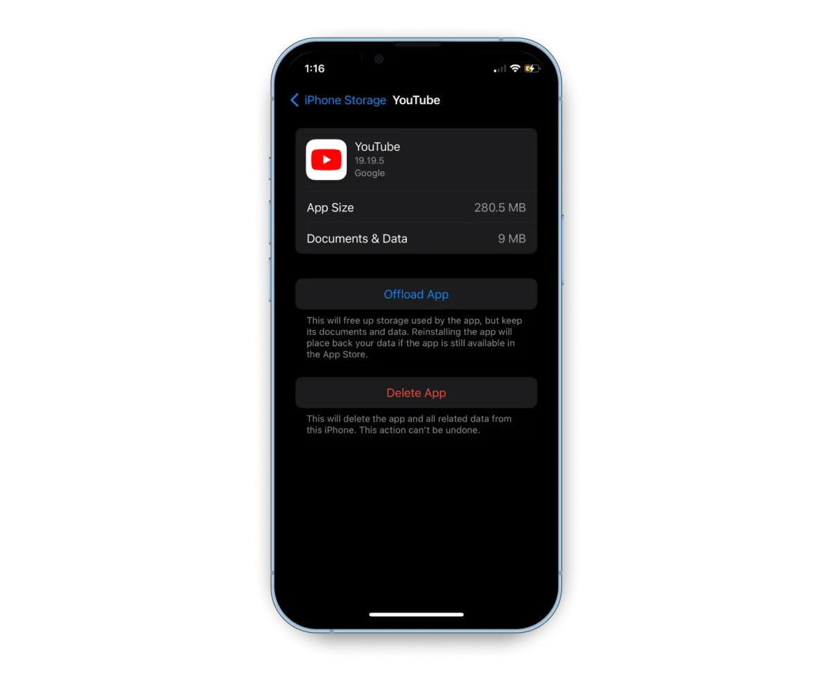 iPhone Settings showing YouTube app storage usage with Offload App option
