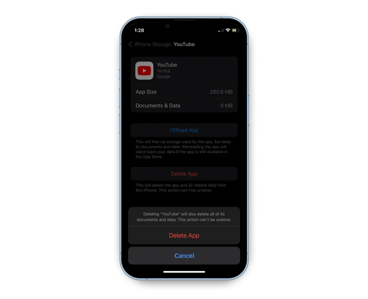 iPhone Storage settings with Delete App button for removing an application