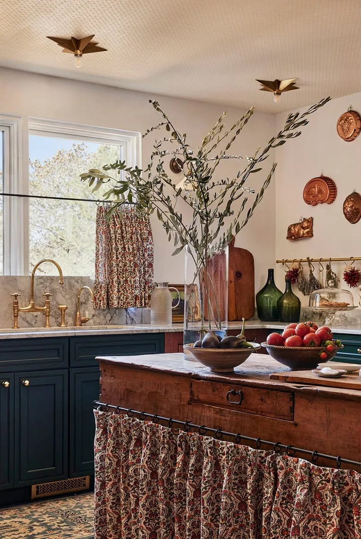 Kitchen in Santa Fe home with turquoise tiles and rustic wood