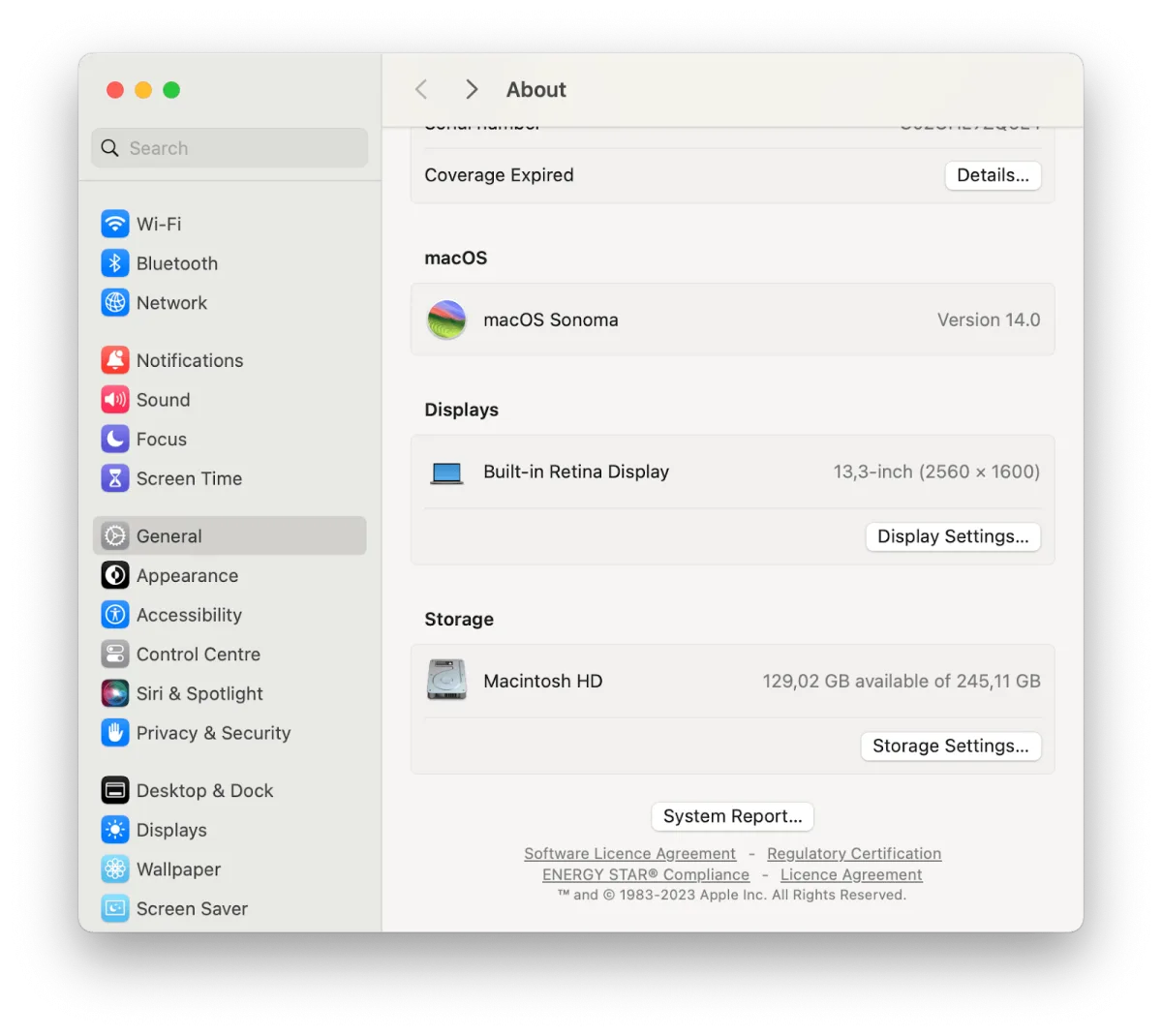 MacBook storage info graph showing used and available space across categories
