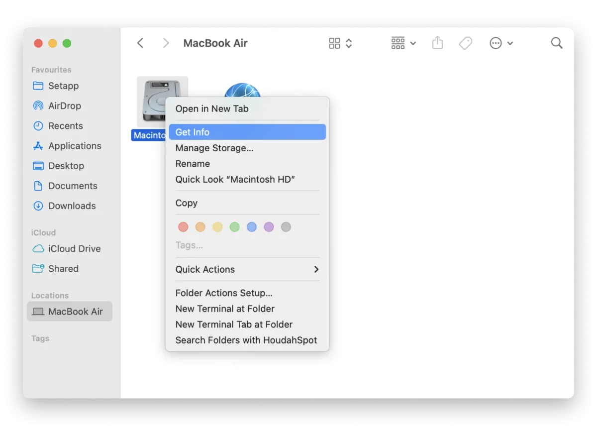 Macintosh HD Get Info window displaying capacity, available space, and usage