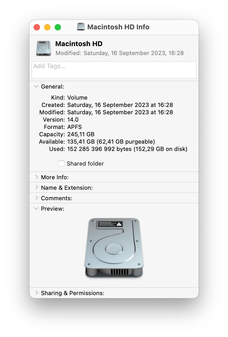 Macintosh HD info panel showing storage details and file system type