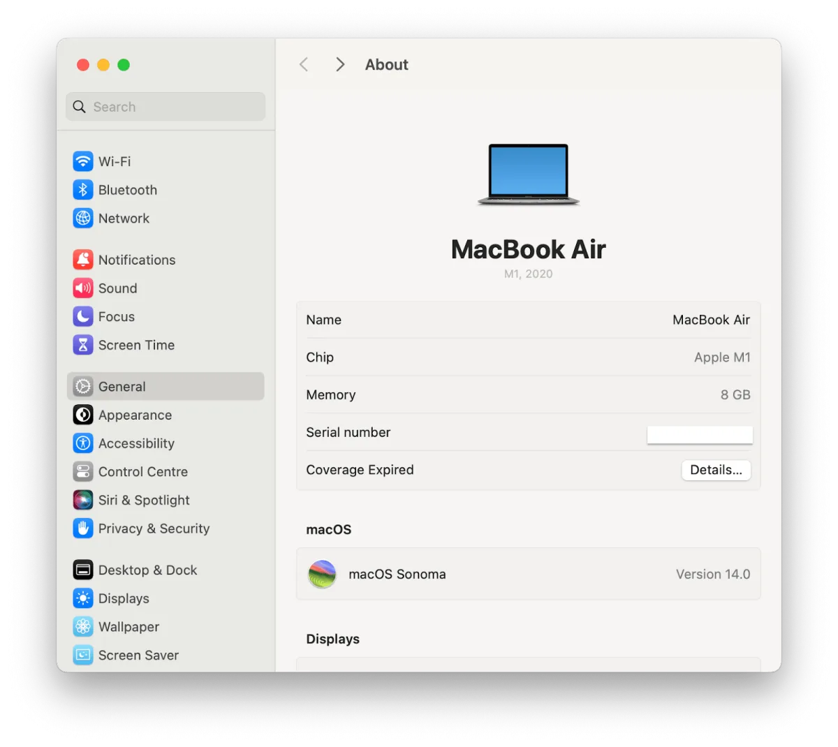 macOS General settings panel with storage management options and device information
