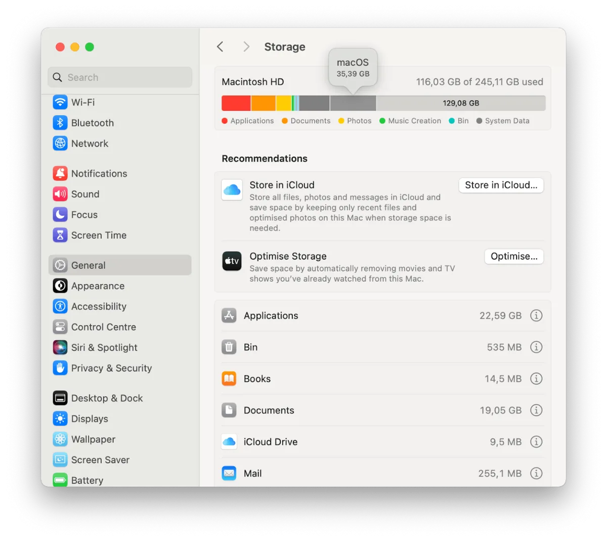 macOS Storage settings panel with recommendations to optimize storage space