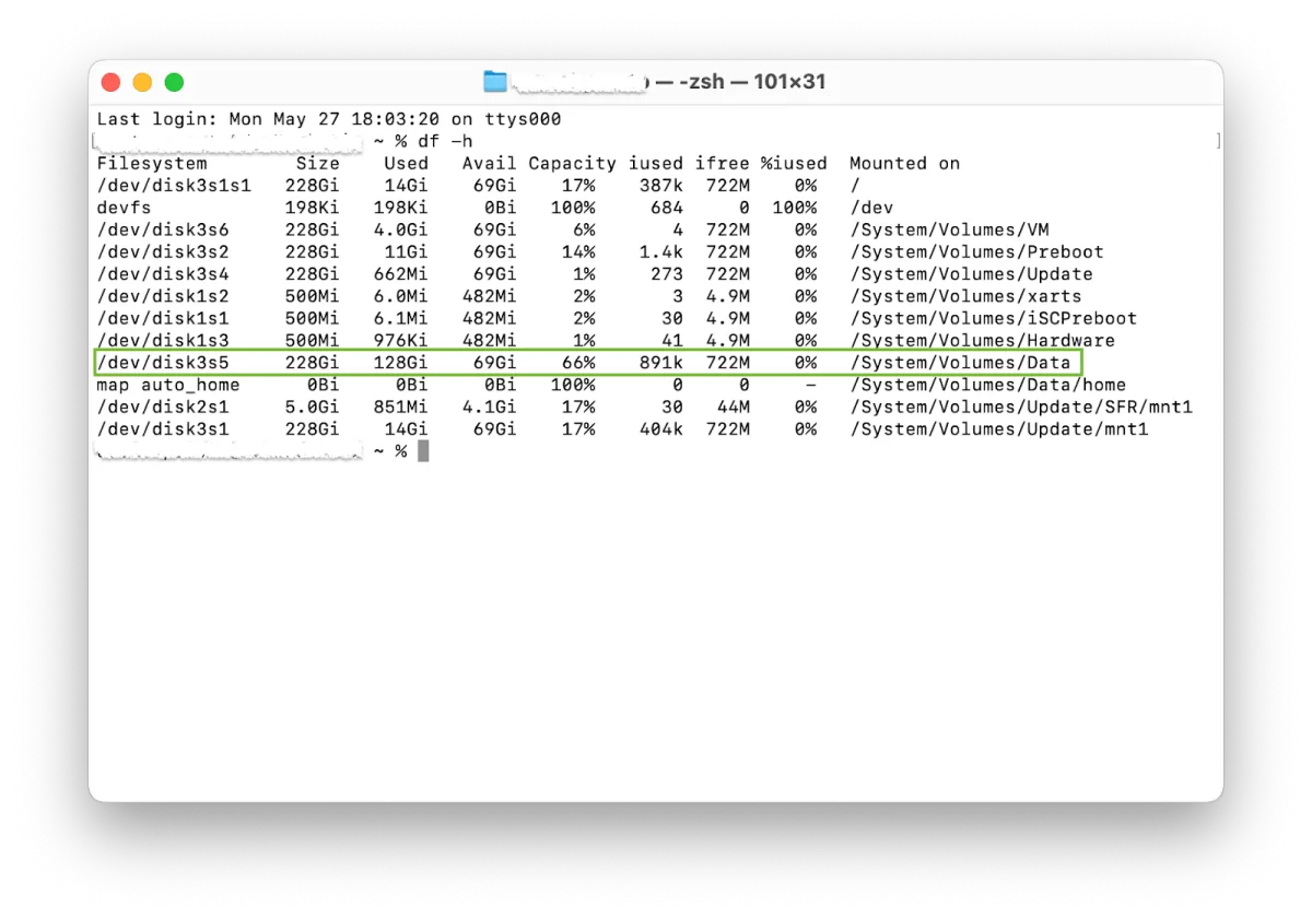 macOS Terminal window with 'df -h' command displaying disk space usage