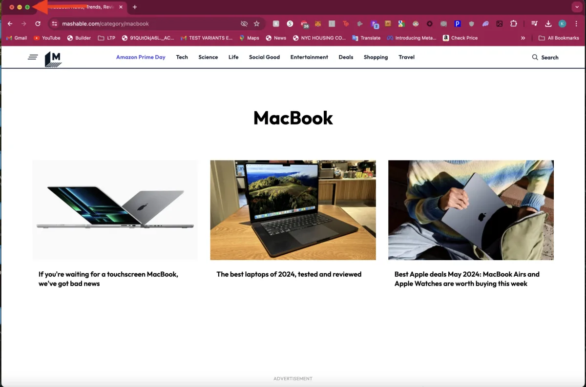 Mashable's website open on a Mac, illustrating split screen functionality.
