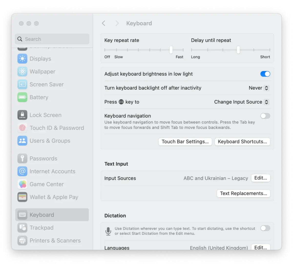 system settings touchbar
